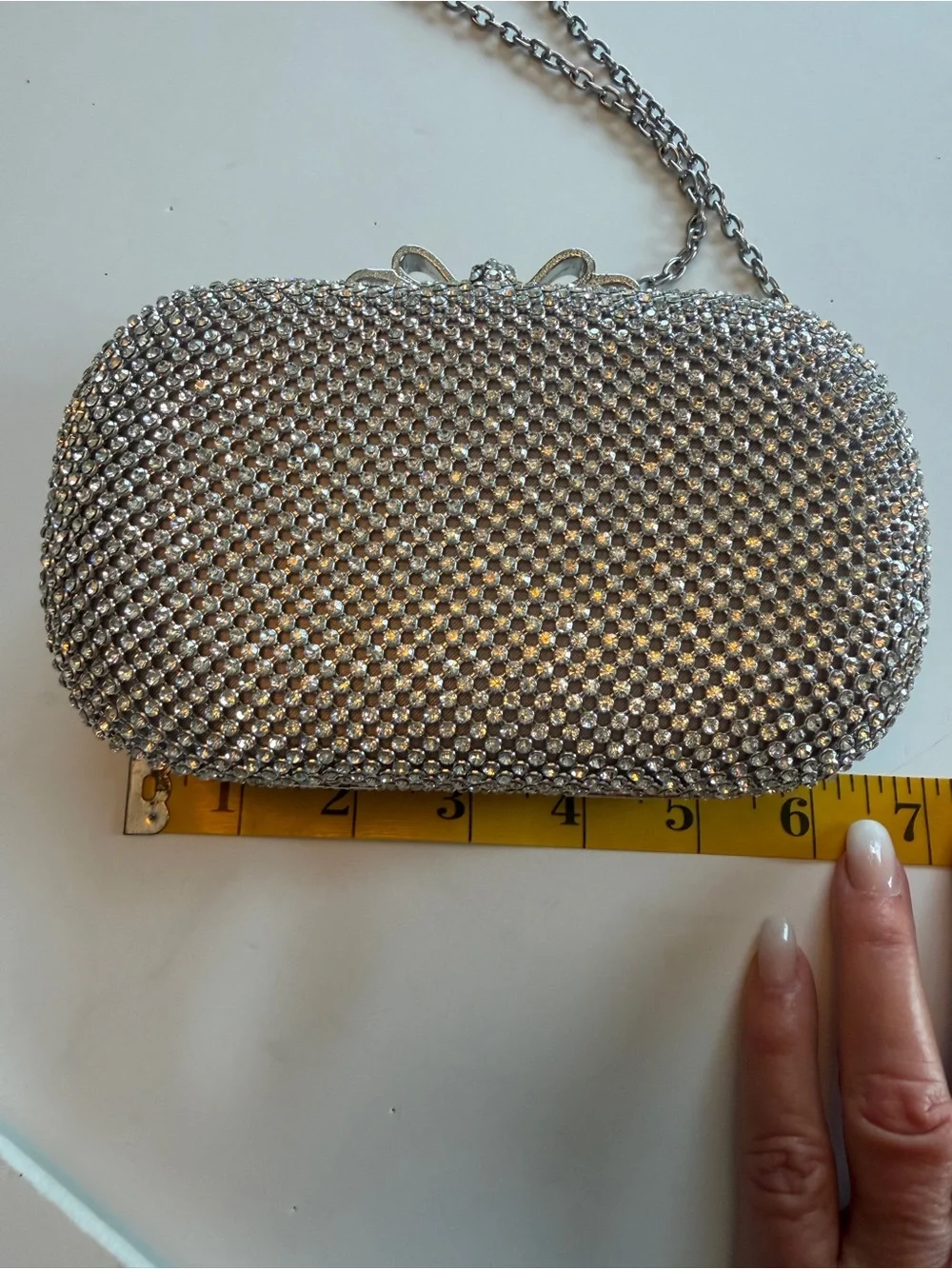 Silver Crystal Bow Clasp Evening Clutch